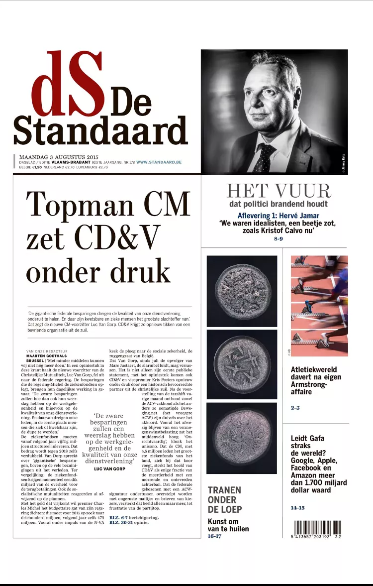 De Standaard front page featuring Imaginarium of Tears microscopic tear imagery.