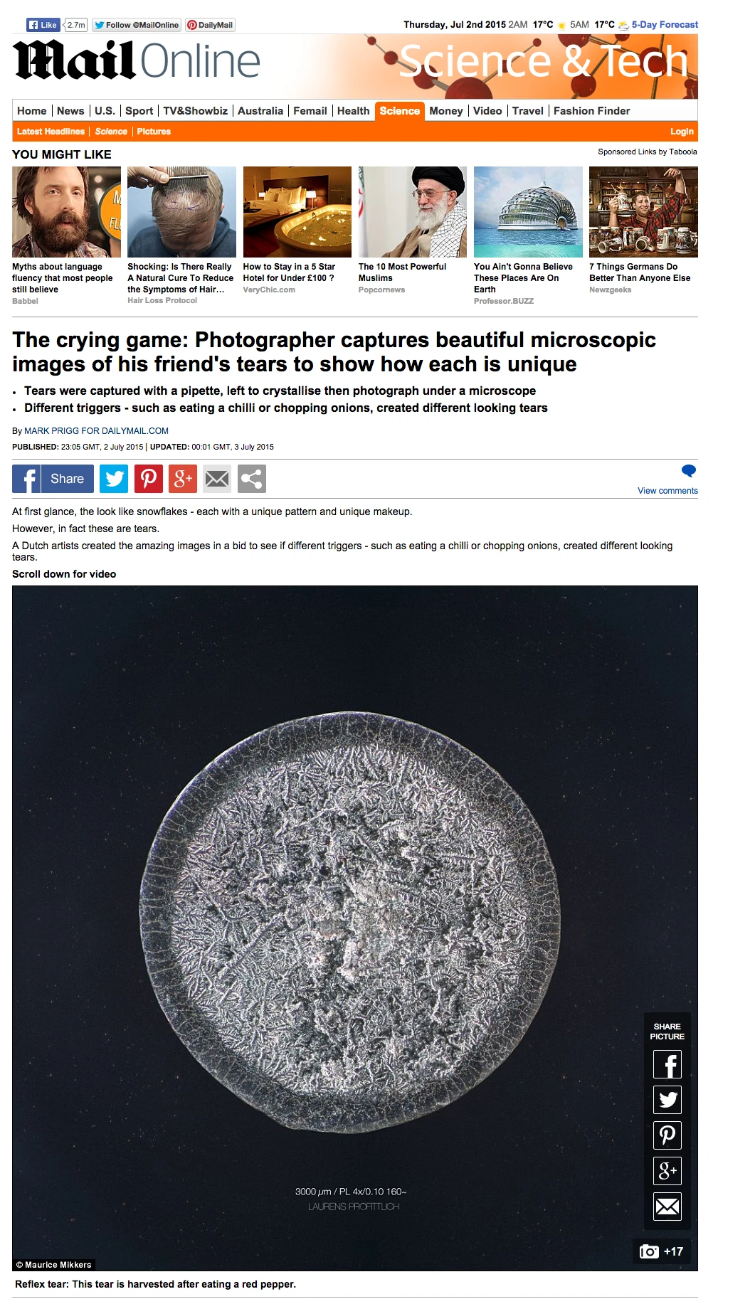 MailOnline Science and Tech article featuring Imaginarium of Tears microscopy.