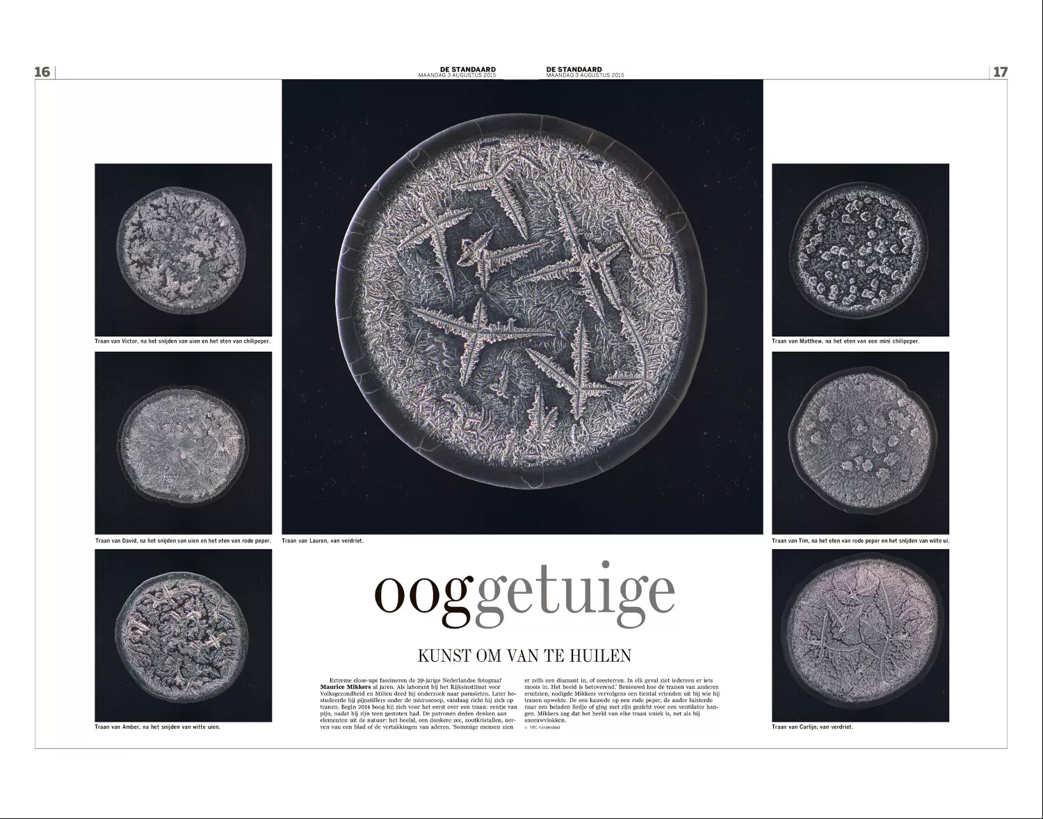Wide newspaper spread featuring multiple Imaginarium of Tears images and a large central microscopic tear photograph.